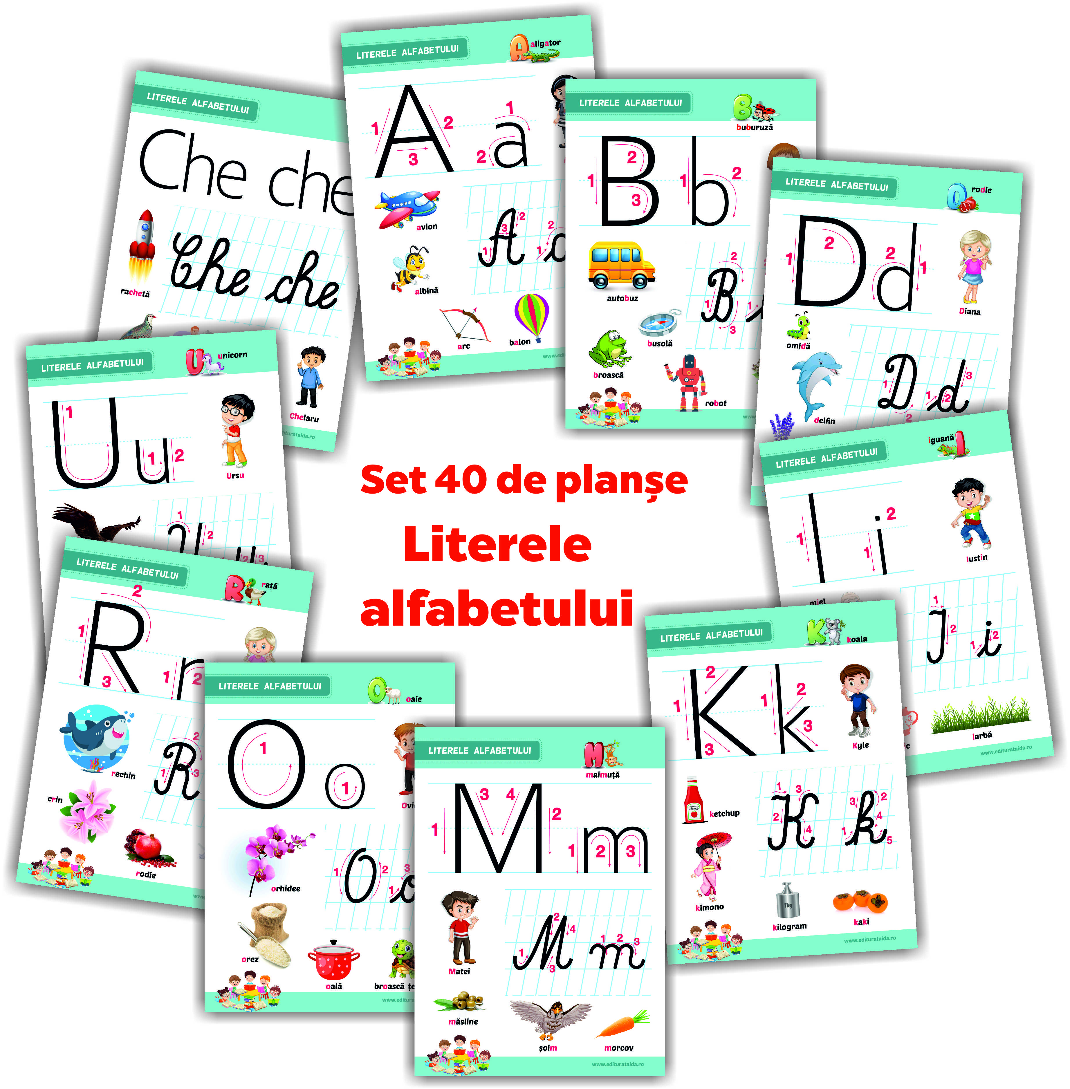 Literele alfabetului - set 40 de planșe didactice pentru clasa pregatitoare și pentru clasa I